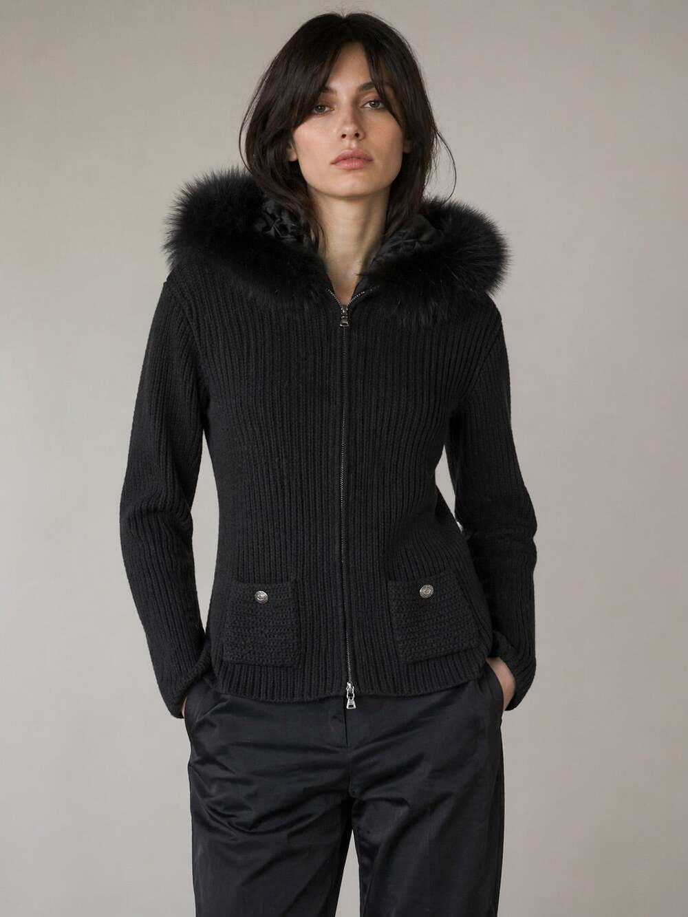Prada Black Wool Ribbed Zip Jacket w/ Blue Fox Fur Hood IT 38